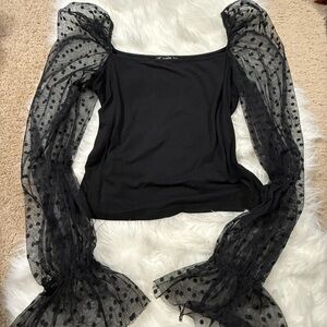 SHEIN Black Top with Mesh Polka Dot Sleeves